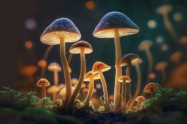 A close up of mushrooms in a dark forest