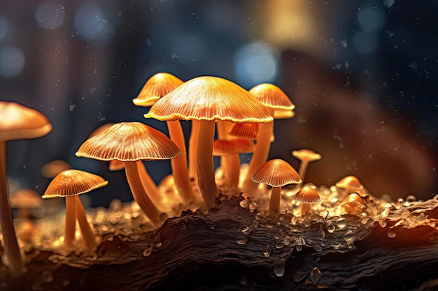 A close up of mushrooms in a dark room