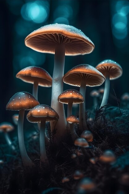 A close up of mushrooms in the dark