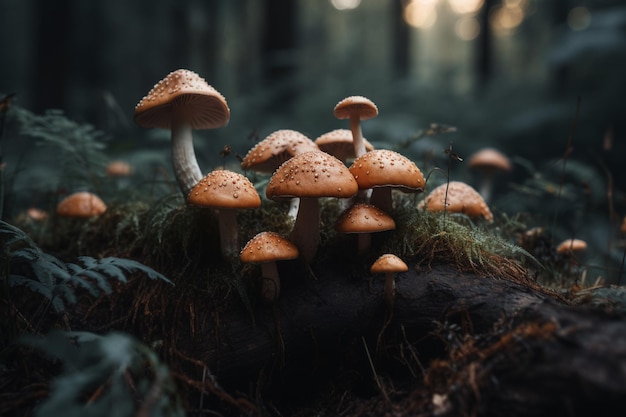 A close up of mushrooms in a forest