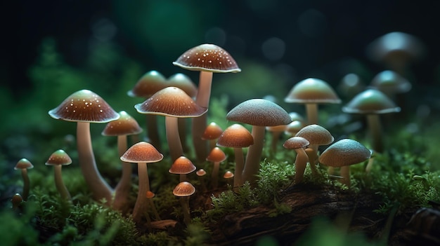 A close up of mushrooms on a mossy log