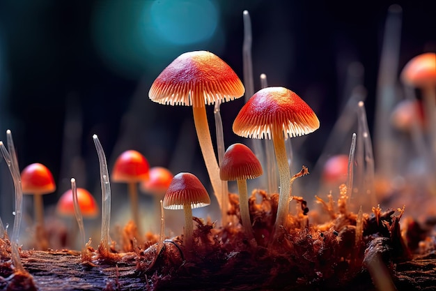 A close up of mushrooms on a mossy surface