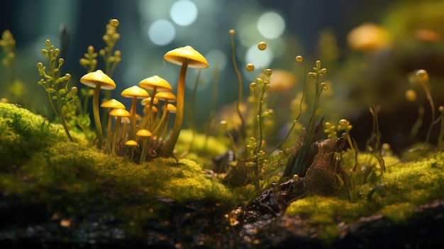 A close up of mushrooms on a mossy surface