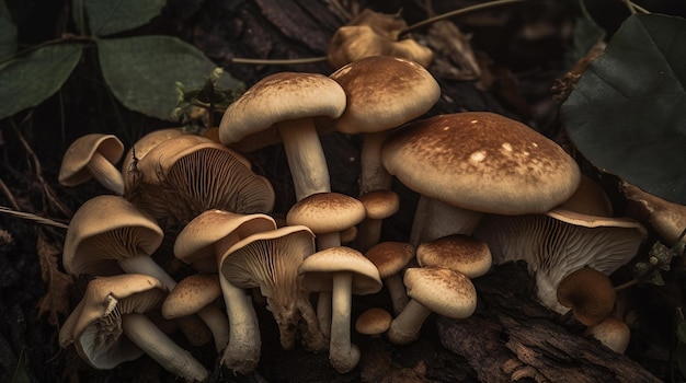 A close up of mushrooms on a tree stump