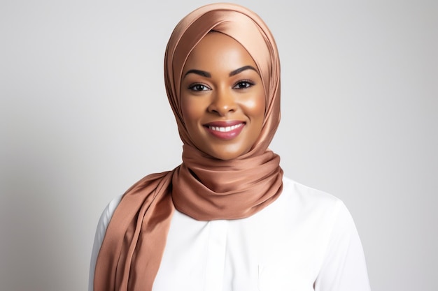 Close up of an muslim African American businesswoman wearing a hijab on a clear background