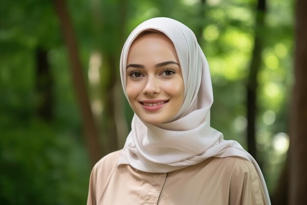 Close up Muslim woman smilling at camera near trees in the park