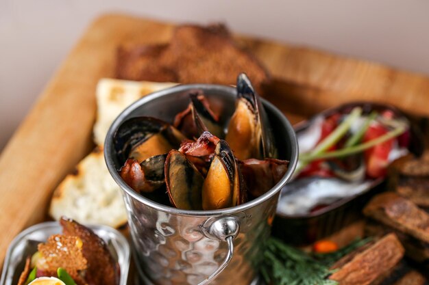 Close-up of mussels in container