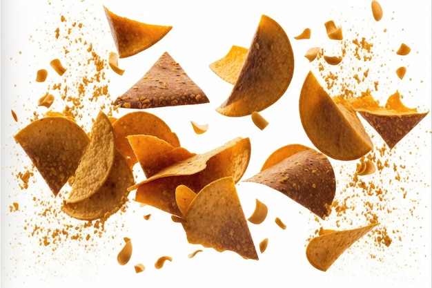 A close up of nacho chips falling in the air