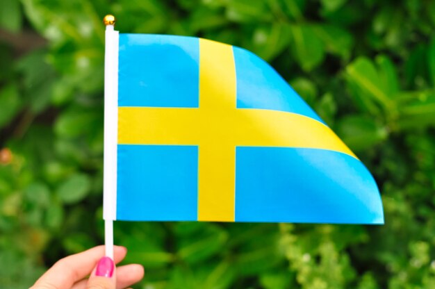 Close up of National flag of Sweden yellow and blue colors