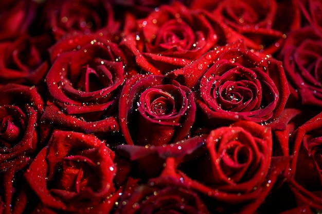 Close up of Natural red roses background with water drops