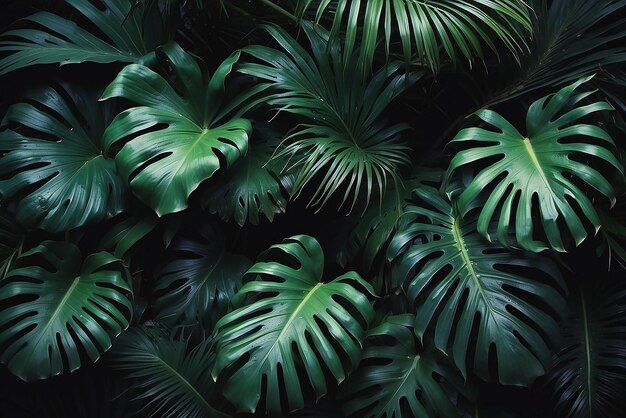 Foto close-up natuurbeeld van groen blad en palmen achtergrond vlakke donkere natuurconcept tropisch blad