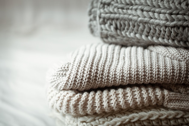 Close up of neatly folded knitted items of pastel color on a light wall.