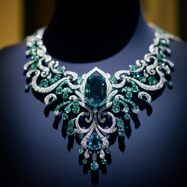 A close up of a necklace with a large green stone generative ai