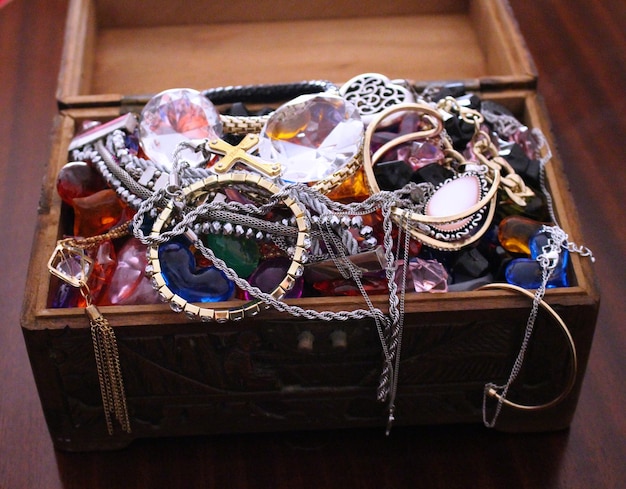 Photo close-up of necklaces in box