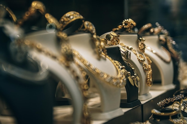 Photo close-up of necklaces on display at store