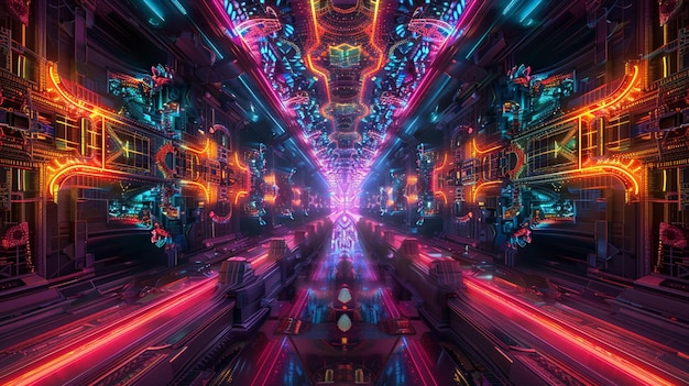 a close up of a neon city with a train going through it generative ai