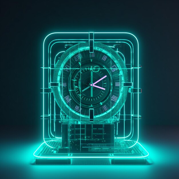 Photo a close up of a neon clock on a laptop computer generative ai