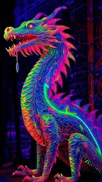 A close up of a neon dragon statue in front of a brick wall generative ai