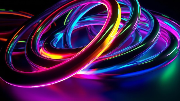 Close up of neon glowing spiral led rings