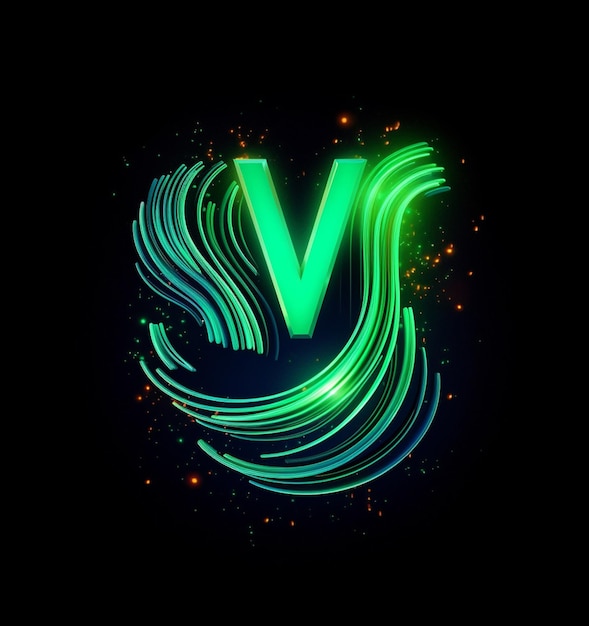 Близкий взгляд на неоново-зеленый логотип v на черном фоне