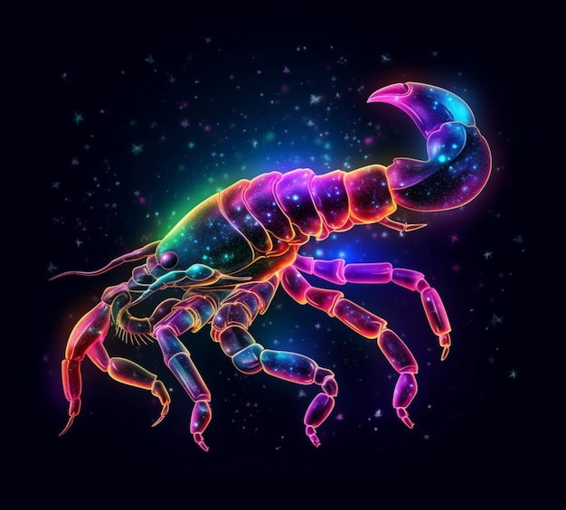 a close up of a neon scorpion on a black background generative ai