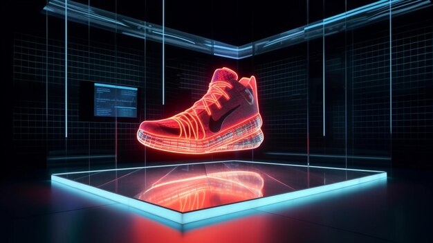 a close up of a neon shoe in a glass case generative ai