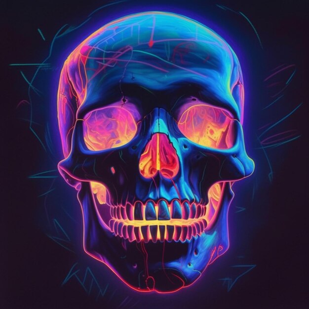 A close up of a neon skull with glowing eyes generative ai