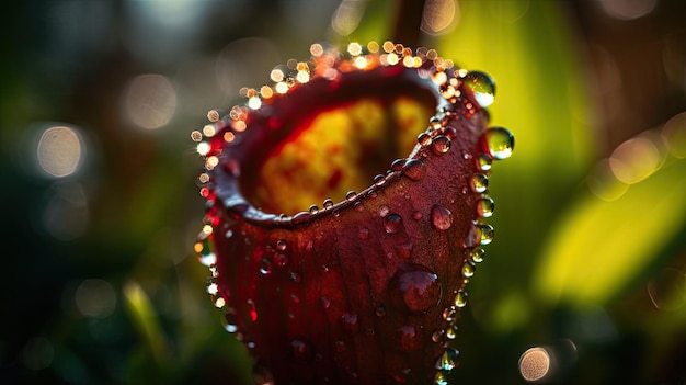 A close up of a nepenthes flower with water droplets on it