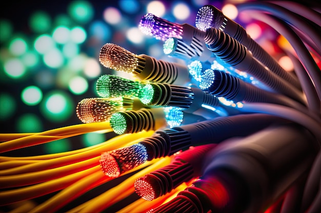 Close up of network cables with a fiber optic background