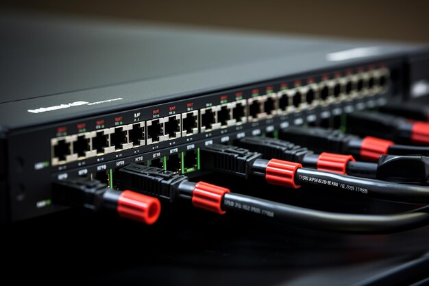 Foto close-up di switch di rete in un rack server