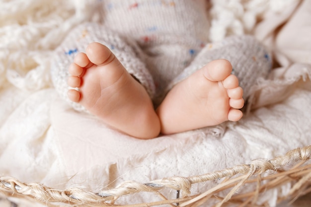 Close up  of new born baby feet on knitted plaid in a wattled basket. Soft newborn baby heel. Baby. Cozy. Family