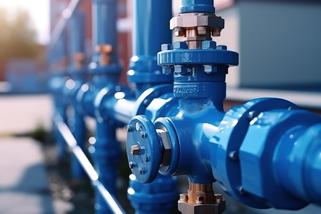 Close-up nieuwe blauwe kraan met klep voor drinkwater pijpleiding banner industrie waterwerken