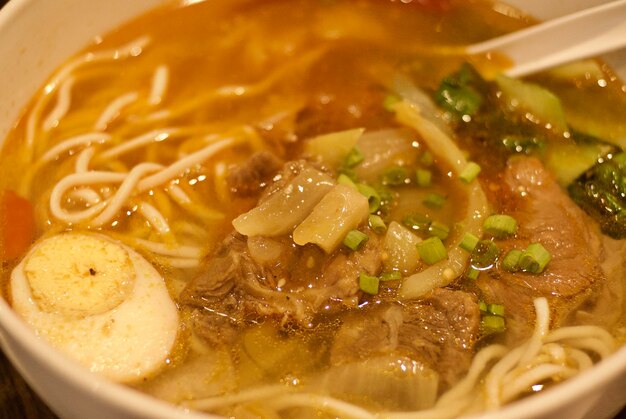 Close-up of noodle soup in bowl