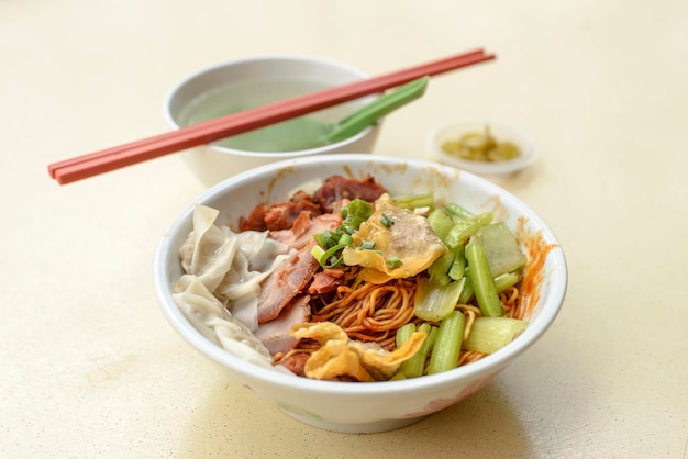 Close-up of noodles in bowl on table