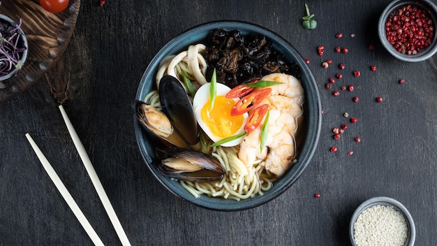 Close up noodles ramen in spicy soup with shrimps and prawns Tom Yum Kung Asian food style