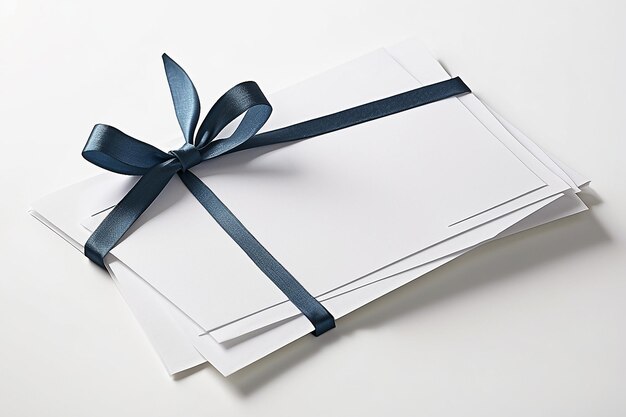 close up of a note card with ribbon bow on white background