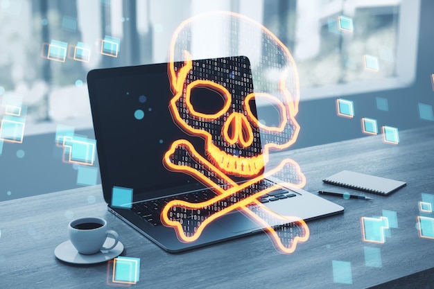 Close up of notebook on desktop with coffee cup supplies digital binary code skull on blurry window with city view background Hacking piracy malware and data theft concept Double exposure