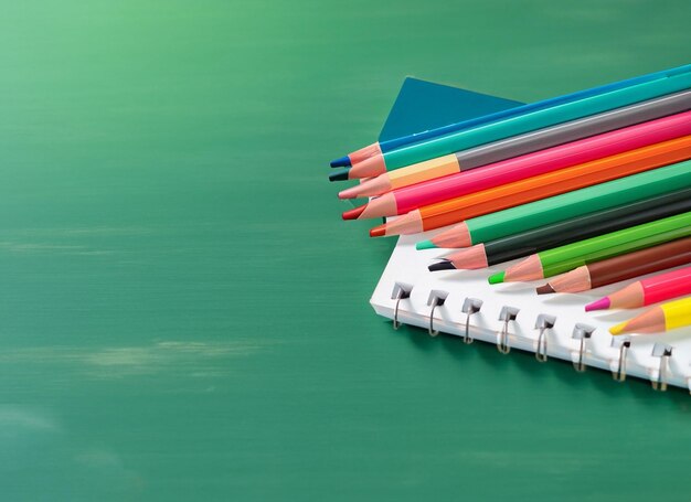 Close-up Notebook en kleurrijke potloden groene bord achtergrond generatieve ai