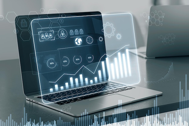 close up of notebook at office workplace with glowing business chart hologram on blurry background financial growth future and success concept 3d rendering