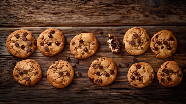 A close up of a number of chocolate chip cookies on a wooden surface generative ai