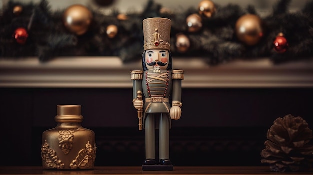a close up of a nutcracker on a table with ornaments