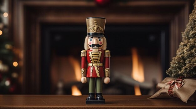 a close up of a nutcracker on a table with ornaments