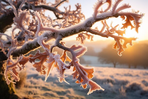 Close up of oak tree branches covered in frost