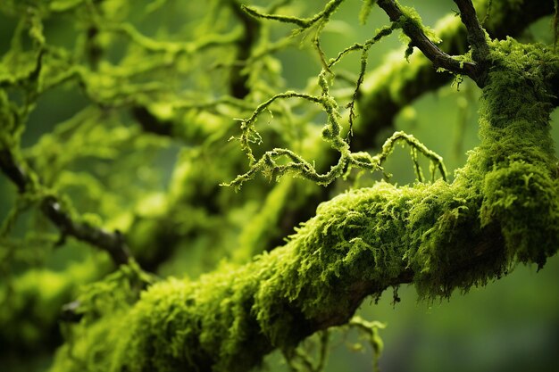 Close up of oak tree branches covered in moss