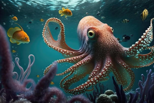 Close up of octopus swimming underwater created using generative ai technology