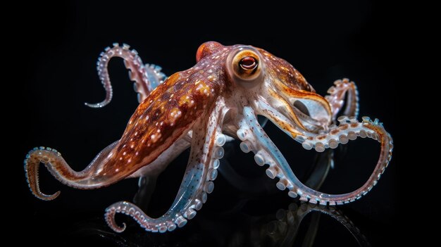 a close up of an octopus with a black background