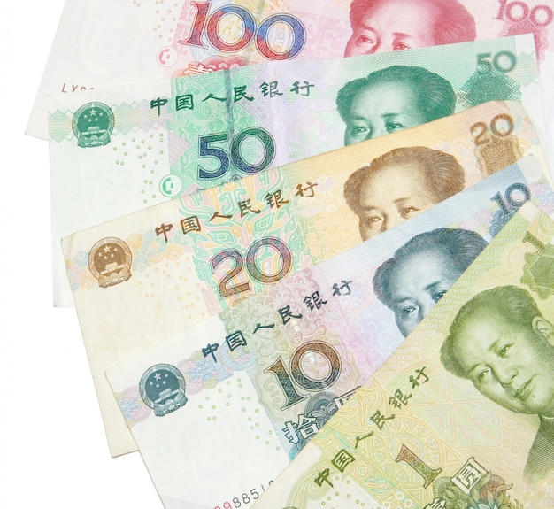1 20 50 100中国の紙幣のクローズアップ