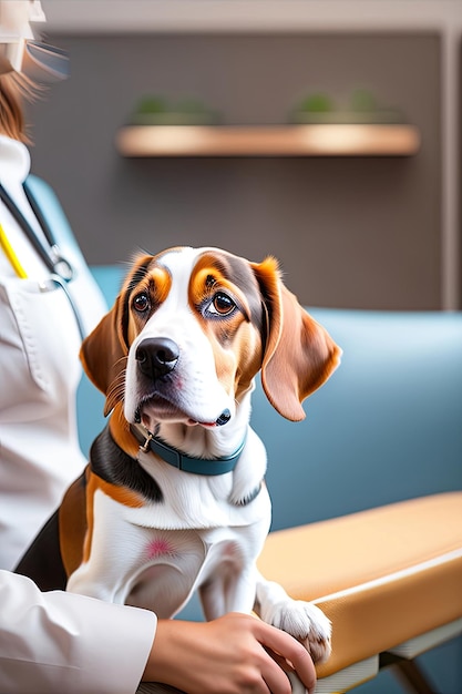 Фото Близкий взгляд на красивую собаку-бигла у ветеринара больной милый питомец сидит за столом обследования в ветеринарной клинике