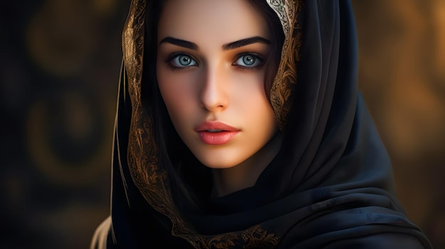 사진 검은 히자브를 입은 아름다운 젊은 무슬림 여성의 클로즈업