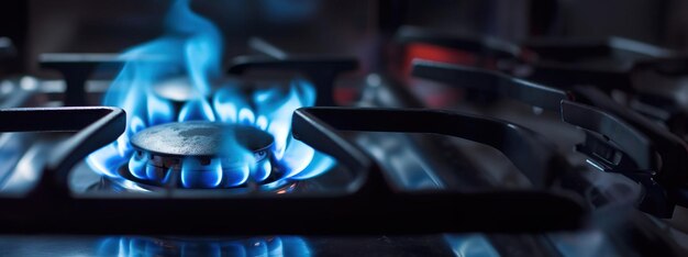 Фото Крупным планом синее пламя на газовой плите. создано с использованием генеративной технологии искусственного интеллекта.